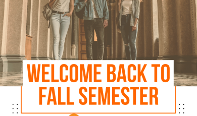 Promotional image for the start of the fall semester at the Community Colleges of Ventura County. The top half shows three students smiling and walking through a grand hallway with arched doorways and columns. The bottom half features bold orange text that reads: “WELCOME BACK TO FALL SEMESTER.” Below the text are the logos for Moorpark (MC), Ventura (VC), and Oxnard (OC) Colleges, along with the name “Community Colleges of Ventura County.”