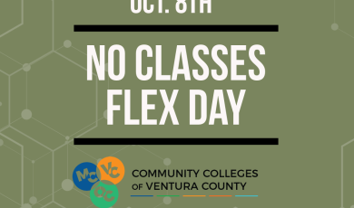 The image is an announcement for a "Flex Day" on October 8th, where there will be no classes at the Community Colleges of Ventura County. The background is an olive green color with a geometric pattern.