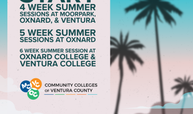 Promotional graphic for summer sessions at the Community Colleges of Ventura County. Text reads: “START 4 week summer sessions at Moorpark, Oxnard, & Ventura. 5 week summer sessions at Oxnard. 6 week summer session at Oxnard College & Ventura College.” Background features a pastel-colored beach scene with silhouettes of palm trees. The bottom left includes logos for Moorpark (MC), Ventura (VC), and Oxnard (OC) Colleges.