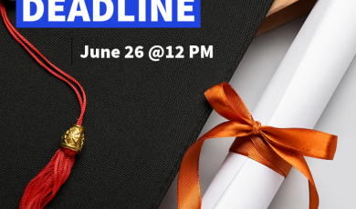 Promotional graphic for summer sessions at the Community Colleges of Ventura County. Text reads: "Graduation Certificate Petition Deadline is June 26 at 12:00PM." Background features a black graduation cap, certificate, and envelope displayed on top of white surface. The bottom includes logos for Moorpark (MC), Ventura (VC), and Oxnard (OC) Colleges.