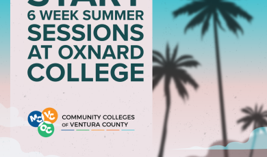 Promotional graphic for summer sessions at the Community Colleges of Ventura County. Text reads: "6 week summer session at Oxnard College." Background features a pastel-colored beach scene with silhouettes of palm trees. The bottom left includes logos for Moorpark (MC), Ventura (VC), and Oxnard (OC) Colleges.