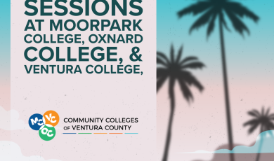 Promotional graphic for summer sessions at the Community Colleges of Ventura County. Text reads: “START 4 week summer sessions at Moorpark, Oxnard, & Ventura." Background features a pastel-colored beach scene with silhouettes of palm trees. The bottom left includes logos for Moorpark (MC), Ventura (VC), and Oxnard (OC) Colleges.