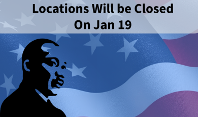Graphic featuring a stylized black silhouette of Dr. Martin Luther King Jr. against a background of the American flag in blue and red tones. A translucent banner across the top reads, “All Campuses & Locations Will be Closed On Jan 19.” At the bottom are the logos for the District Office, Moorpark College, Oxnard College, Ventura College, and Ventura College East Campus.