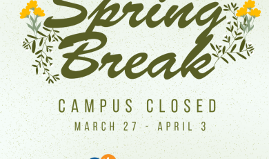 Holiday-themed graphic with yellow flowers and on the sides and bottom. In the center, large decorative text reads “Spring Break” with smaller text underneath that says “March 27 – April 3.” Five circular campus icons appear at the bottom, representing the District Office, Moorpark College, Oxnard College, Ventura College, and Ventura College East Campus.