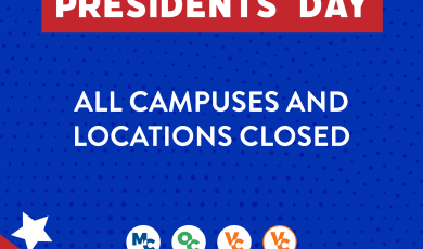 “Celebrating Presidents’ Day. All campuses and locations closed” VCCCD logos beneath text. Motifs inspired by American flag surround image.