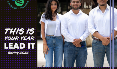 Three student leaders standing side by side outdoors on campus, dressed in white shirts and jeans. Graphic text reads, “This Is Your Year. Lead It. Spring 2026. Student Elections—Now Accepting Applications,” alongside the Community Colleges of Ventura County logo.