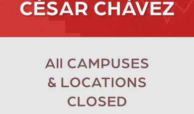A graphic announcement honoring César Chávez. The text reads 'HONORING CÉSAR CHÁVEZ' and 'ALL CAMPUSES & LOCATIONS CLOSED'. Logos for Moorpark, Oxnard, and Ventura Colleges are visible at the bottom.