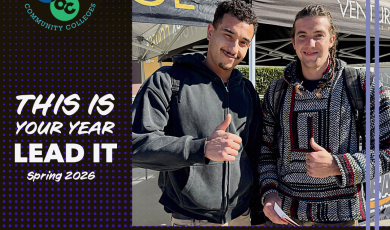 Two student leaders standing side by side outdoors on campus, dressed in dark jackets. Graphic text reads, “This Is Your Year. Lead It. Spring 2026. Student Elections—Now Accepting Applications,” alongside the Community Colleges of Ventura County logo.