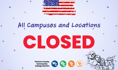 Graphic featuring a stylized American flag and red, white, with the text “All Campuses and Locations Closed,” representing a Ventura County Community College District closure for Presidents’ Day.