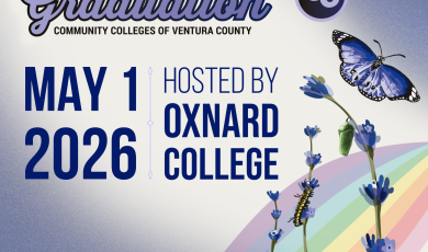 Lavender Graduation graphic for Community Colleges of Ventura County. May 1, 2026, hosted by Oxnard College, with lavender flowers, a butterfly, and a pastel rainbow.