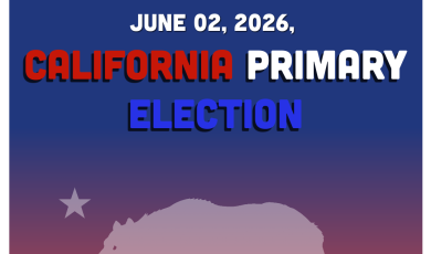 June 02, 2026, California Primary Election with a California bear silhouette and patriotic red, white, and blue color scheme.
