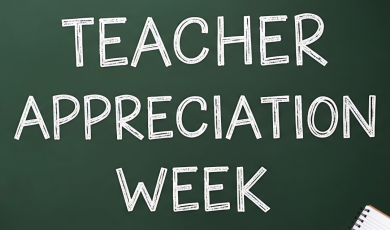 Announcing Teacher Appreciation Week with chalkboard and school supplies on background
