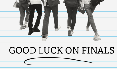 Students walking with backpacks and the text “Good Luck on Finals.”