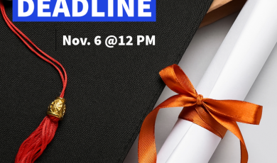 'Graduation Certificate Petition Deadline, Nov. 6 @12 PM' in white text on blue highlight, over a photo of a graduation cap tassel and a diploma tied with orange ribbon, with the Community Colleges of Ventura County logo.