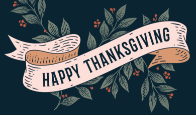 'Happy Thanksgiving' on an illustrated ribbon banner surrounded by botanical leaf branches, on a dark navy background, with the Ventura County Community college campus logos below.