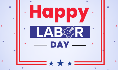 'Happy Labor Day' in red and blue text within a red-striped border, patriotic bunting along the top, red and blue stars scattered on a light blue background, with the Community Colleges of Ventura County logo at the bottom.
