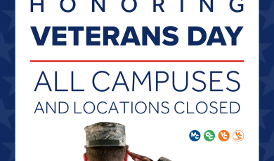 Text “Honoring Veterans Day, all campuses and locations closed” with blue stars, red lines, and VCCCD circle logos below the text. Photo of an American soldier saluting at bottom of graphic.