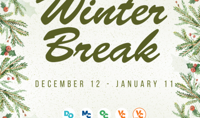 Text "Winter Break, December 12 – January 11" with decorative evergreen branches frame and CCVC Circle logos