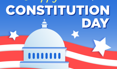 Graphic reading “Happy Constitution Day” with white stars, red and white stripes and an illustration of a domed government building. The Ventura County Community College District logo appears at the bottom.