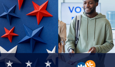 Red, white and blue paper stars alongside a smiling student at a polling location, with text reading "Election Day" and the VCCCD circle logos and Community Colleges of Ventura County name.