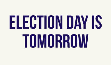 Bold text reading "Election Day is Tomorrow" with blue stars and red horizontal stripes as a decorative border and the VCCCD circle logos at the top.