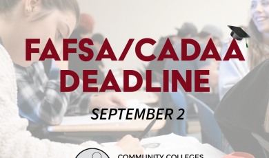A student writing in a notebook in a classroom setting with other students in the background, with bold text overlay reading "FAFSA/CADAA Deadline, September 2" and the Community Colleges of Ventura County logo at the bottom.
