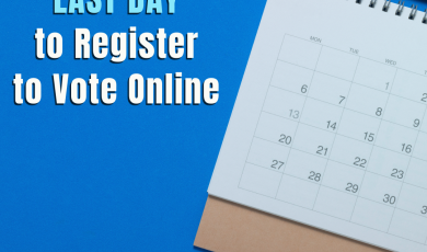 Graphic reading “10/19 is the LAST DAY to Register to Vote Online.” A calendar and red pencil appear on a blue background, with the Community Colleges of Ventura County logo at the bottom.