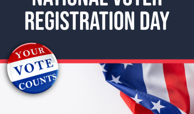 Graphic reading “National Voter Registration Day” in large white text on a dark blue background. A red, white and blue “Your Vote Counts” button and American flag appear above the Community Colleges of Ventura County logo.