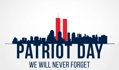 A silhouette of the New York City skyline with the Twin Towers highlighted, above the text "Patriot Day, We Will Never Forget" and the Community Colleges of Ventura County logo at the bottom.