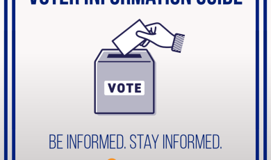 Voter Information Guide. Be Informed. Stay Informed. Hand dropping ballot into a ballot box that says Vote.