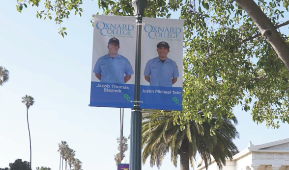 Light pole banners on C Street in Oxnard featuring two Oxnar