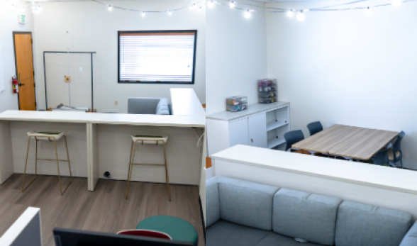Inside the Campus Pride Center, computer stations, counter w