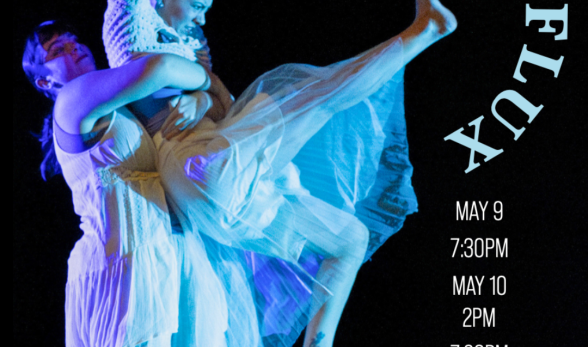 Motion Flux poster, photo of two dancers, text May 9 7:30pm 