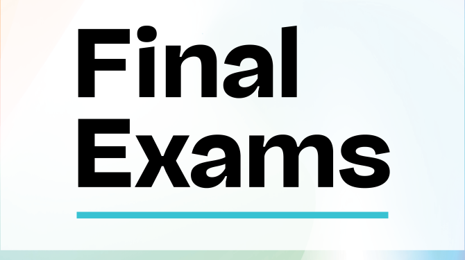 Gradient graphic with black text saying "Final Exams" announcement for the Community Colleges of Ventura County