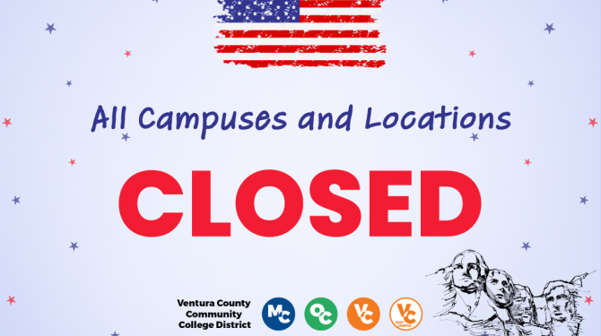 Graphic featuring a stylized American flag and red, white, with the text “All Campuses and Locations Closed,” representing a Ventura County Community College District closure for Presidents’ Day.