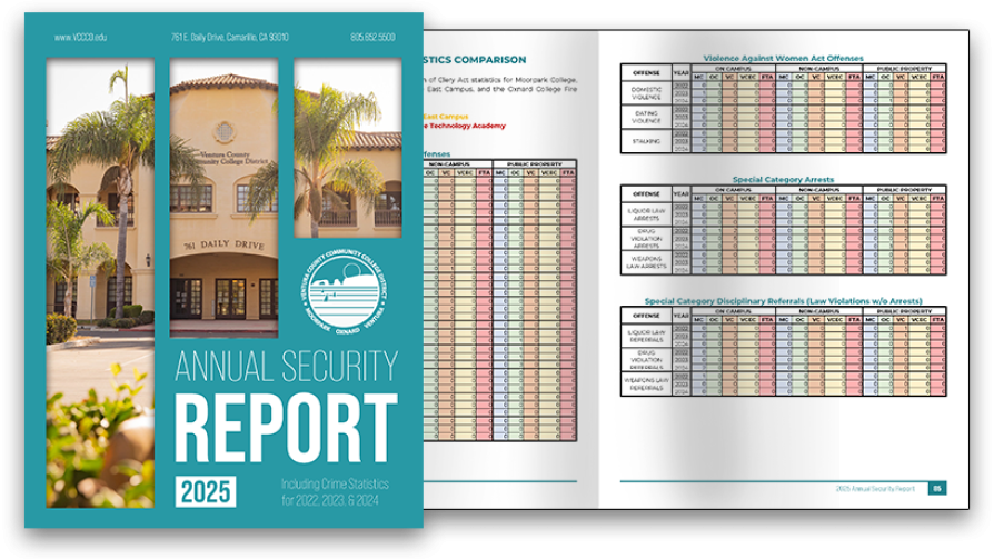 Visual graphic of the VCCCD 2025 Annual Security Report Cover with two pages open