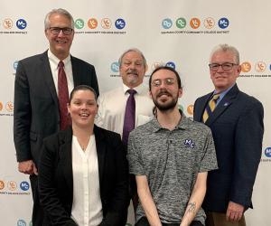 Celestina Chavez, Executive Assistant, Office of the Personnel Commission, District Office (front row, left) and Shandor Batoczki, Library Assistant, Moorpark College, to our VCCCD team. Chancellor Greg Gillespie (back row, left) and Trustee Chair Bernardo M. Perez (right) pose with Arthur Sandford, who was appointed Vice President of Academic Affairs at Oxnard College.