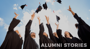 graduates tossing their caps in the air with the text "Alumni Stories".