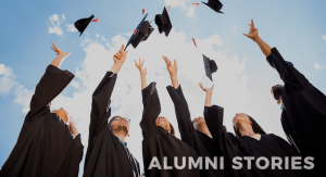 graduates tossing their caps in the air with the text "Alumni Stories". 