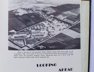 A page in a 1940s Ventura College yearbook featuring a black and white aerial photo of the campus at the time.