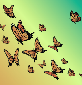 Several butterflies flying upward on a desaturated yellow and green background.