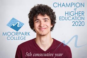 Moorpark College logo with a college student pictured in the center. Text that reads: Champion of Higher Education 2020 5th Consecutive Year