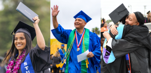 Students in regalia from MC, OC, and VC graduating. Moorpark student athlete holding diploma in the air. Oxnard student walking down the aisle waving to the crowd. Two Ventura students hugging.