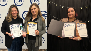 Left: Vanessa Stotler and Janeene Nagaoka holding two CCPRO awards certificates and trophy Right: Diana Martin holding two CCPRO awards certificates