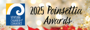2025 Poinsettia Awards; Ventura Chamber of Commerce logo over gold background with poinsettia leaves and star design