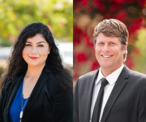 Left, Board Chair Gabriela Torres; right, Vice Chair Joshua Chancer; both in front of out of focus greenery outdoors
