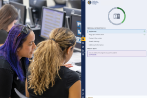A student gets help in a computer lab, beside a screenshot of the CCCStart application's progress tracker.